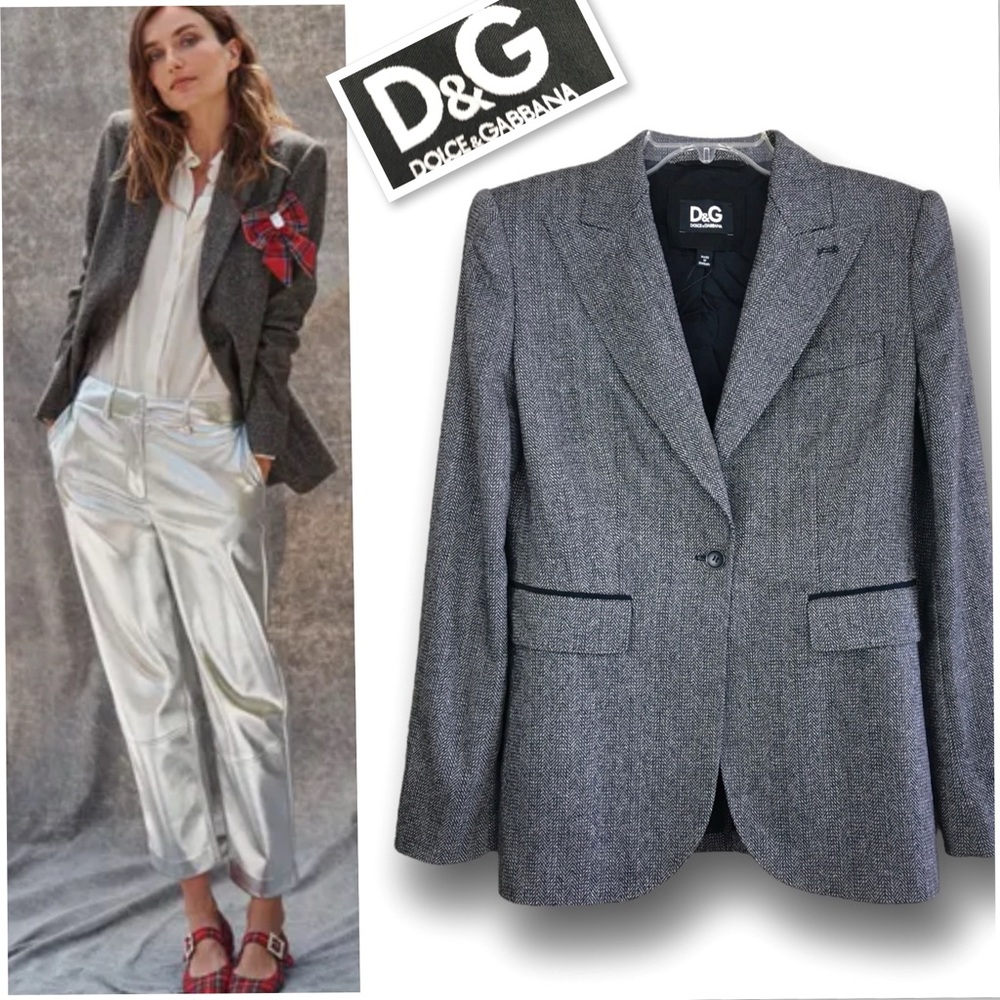 D&G Dolce & Gabana Authenticated Tweed Wool Blend Chevron In Gray Size IT46 US10